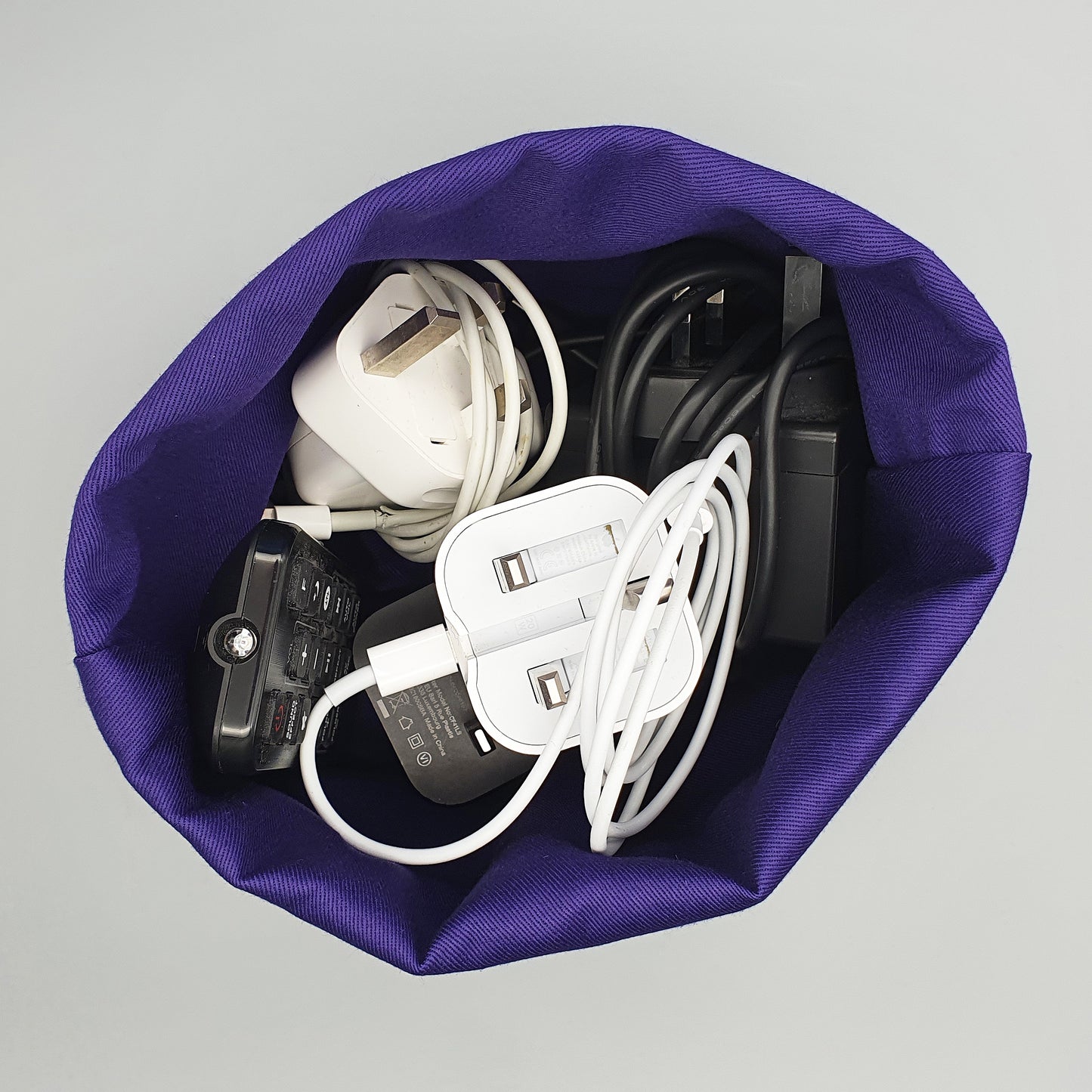Beagle Fabric Storage Basket with chargers and cables