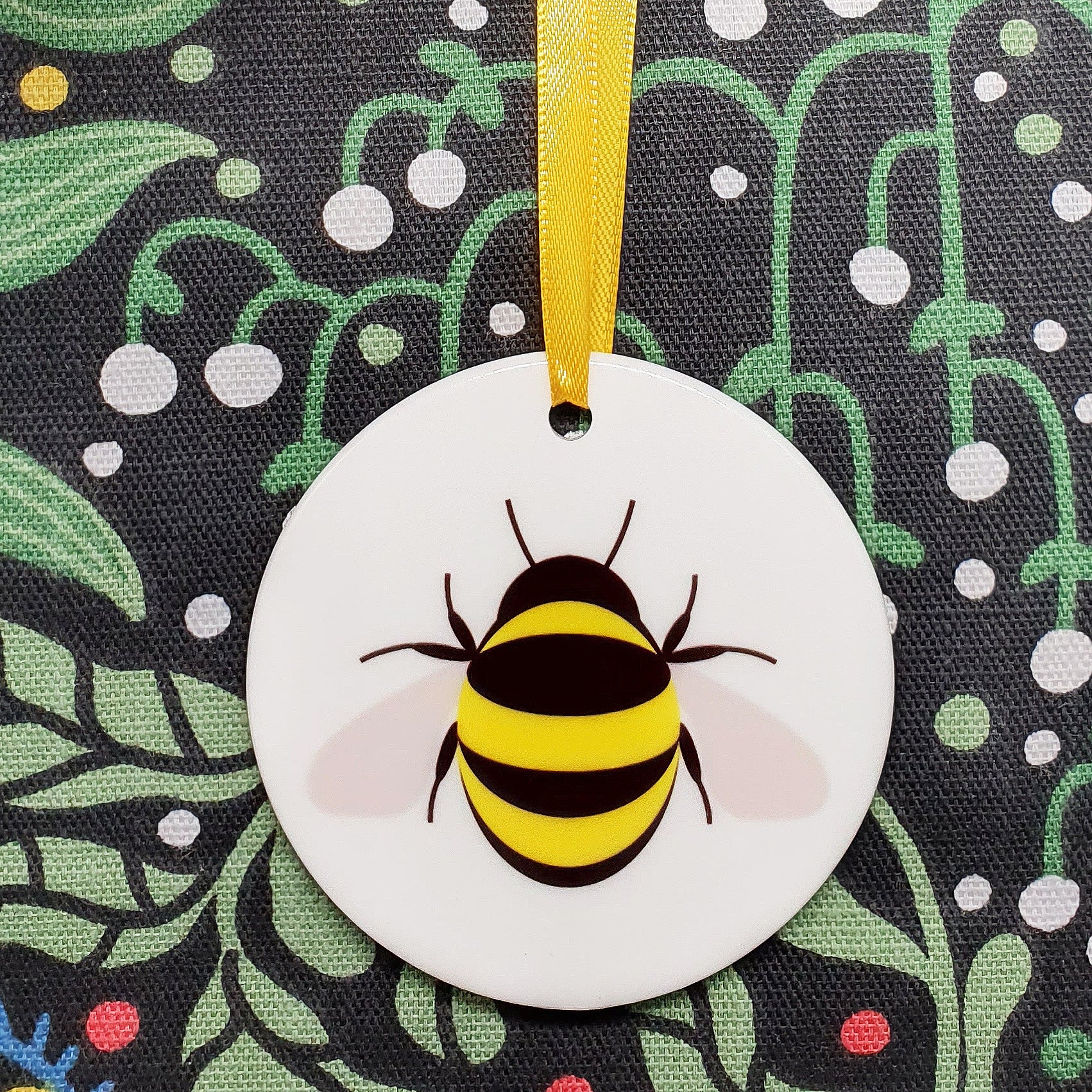 Bee ceramic hanging decoration with yellow ribbon