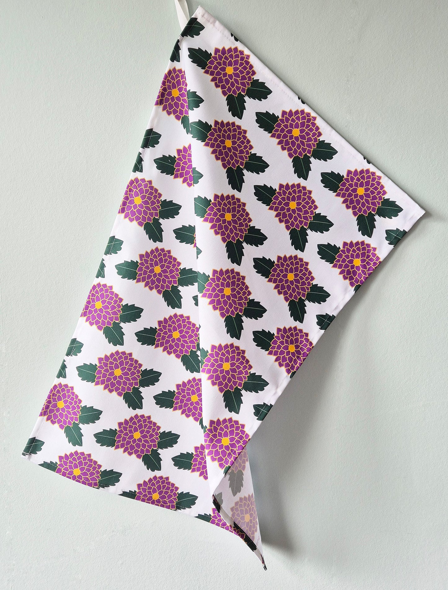 Dahlia tea towel hanging up