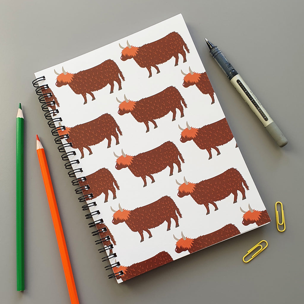 Highland Cow pattern A5 wirebound notebook