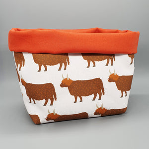 Highland Cow handmade fabric storage basket with orange lining