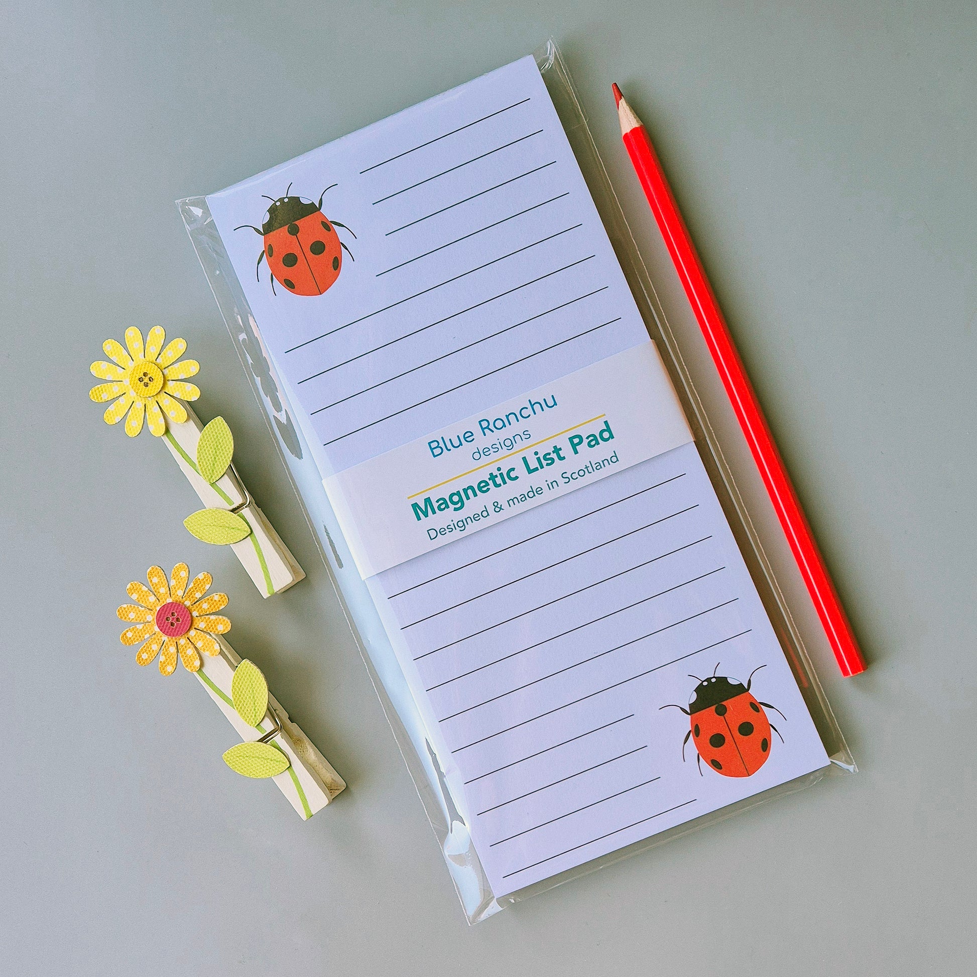 Ladybird magnetic list pad with two ladybirds and lined paper in eco friendly packaging