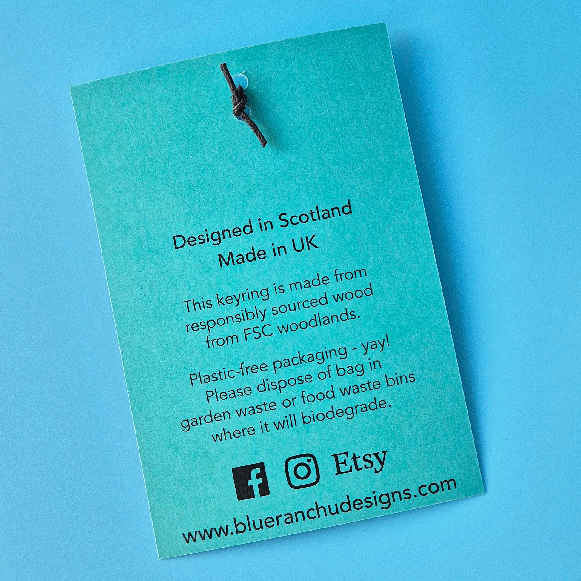 Blue card with text about product design and sourcing on a blue background