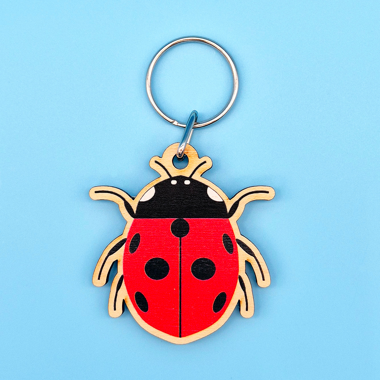 Ladybird-shaped wooden keychain on a blue background