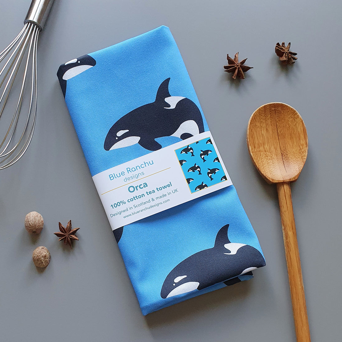 Orca Tea Towel. Fun and colourful kitchenware. Blue Ranchu Designs