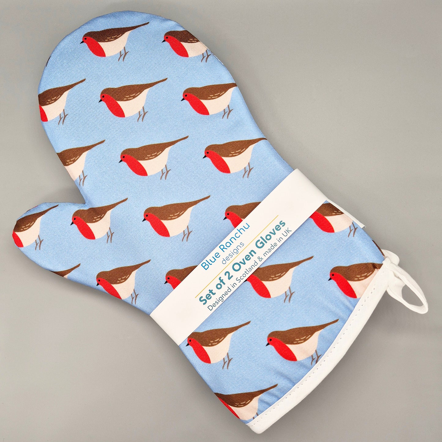 Set of 2 oven gloves with robin design on a blue background