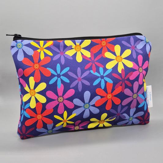 Multicoloured flowers on a purple background handmade cotton accessories bag