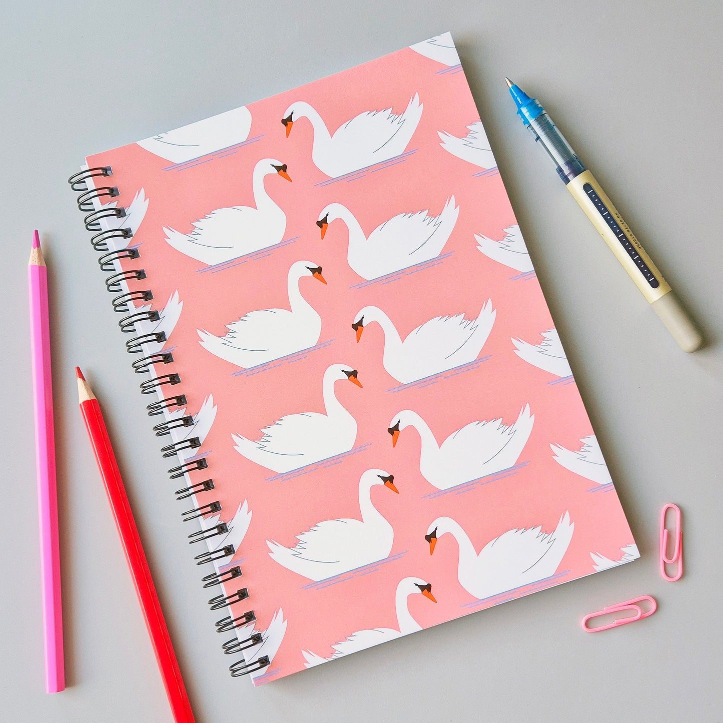 Swimming swans repeat pattern A5 wirebound notebook