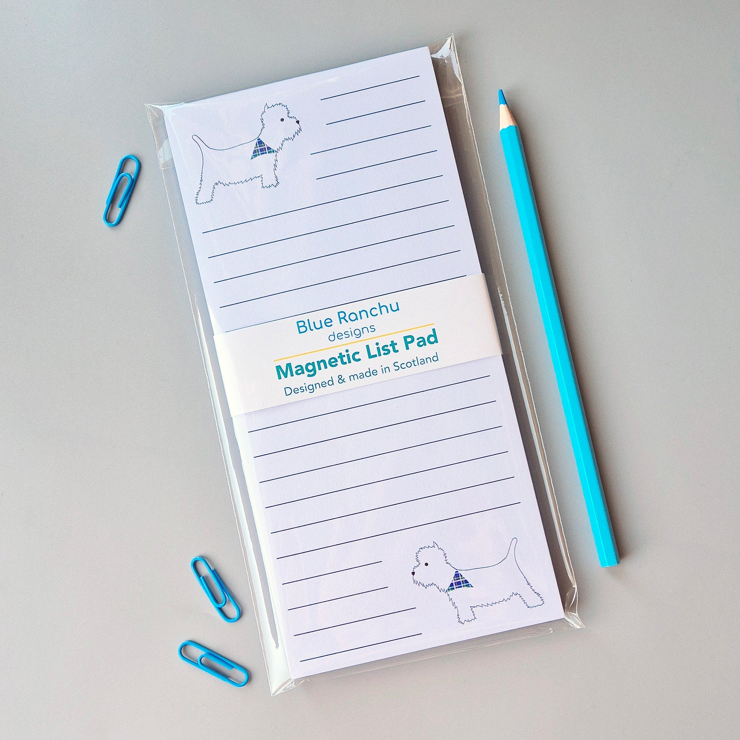 Westie magnetic list pad with lined paper in eco-packaging