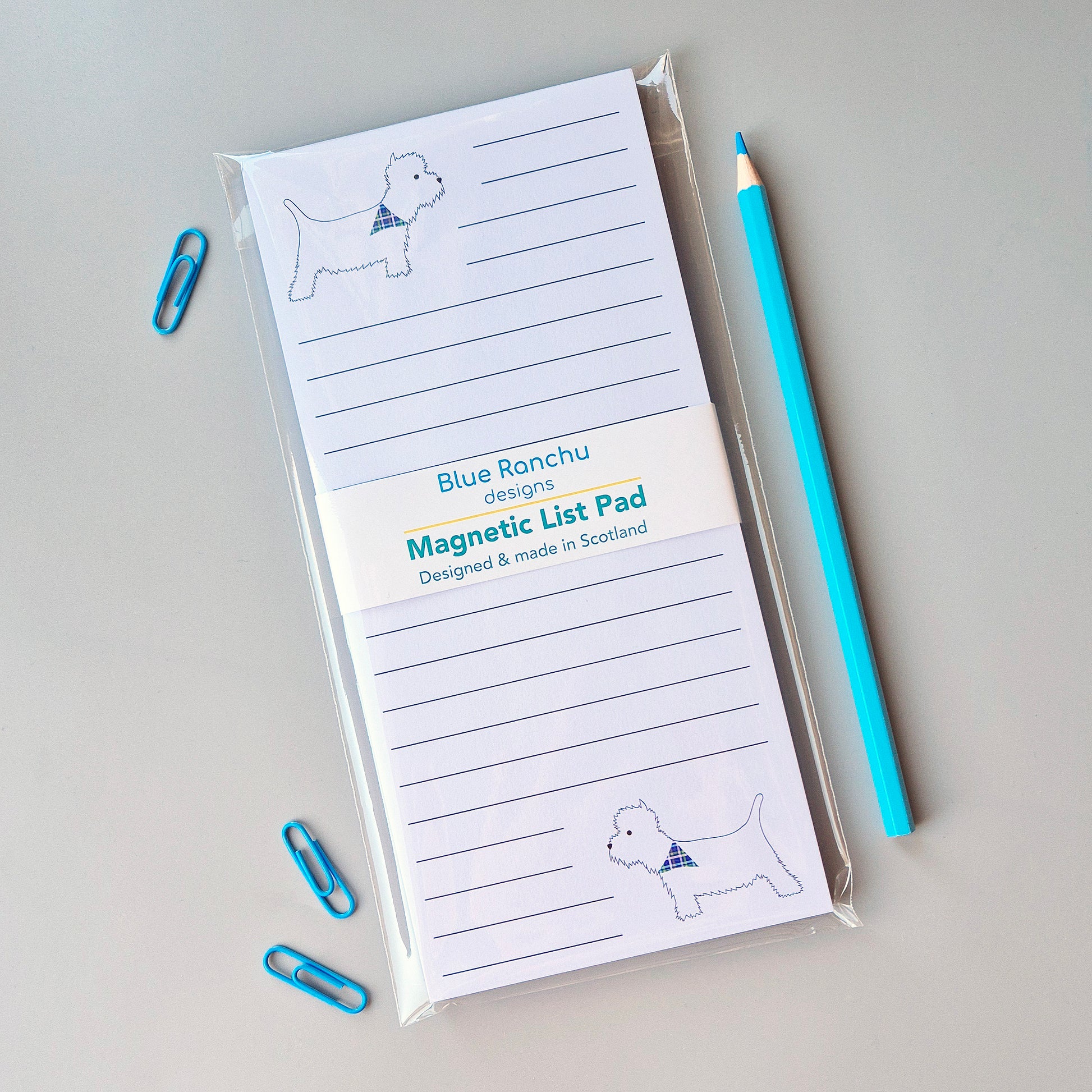Westie magnetic list pad with lined paper in eco-packaging
