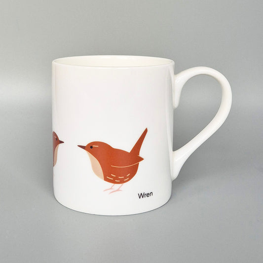 White bone china mug with Wren illustration