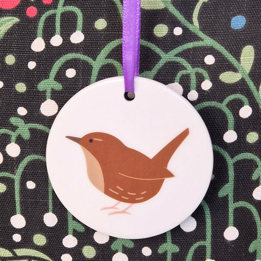 Round ceramic hanging decoration with Wren illustration