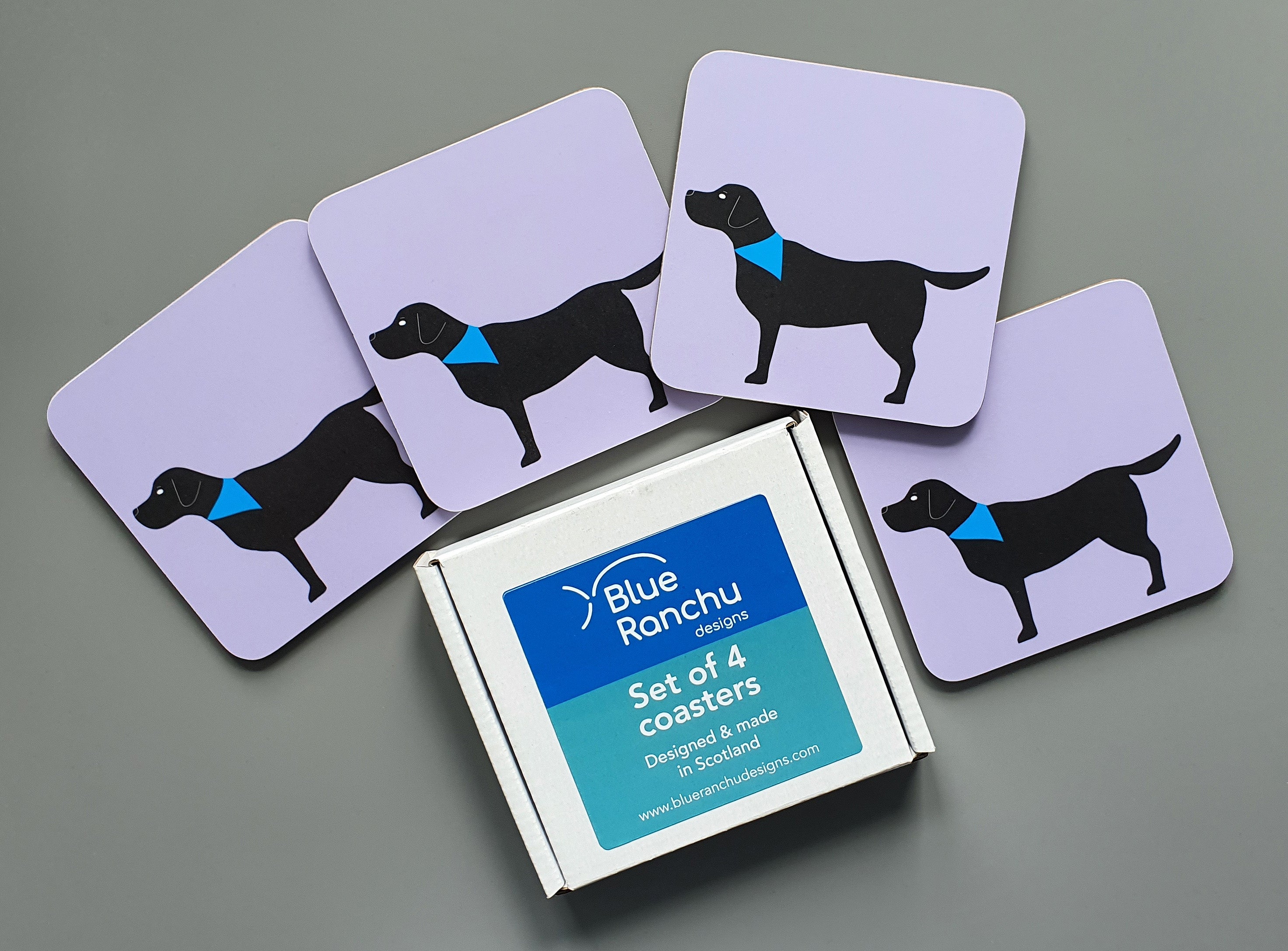 Set of 4 Black Labrador Coasters with gift box