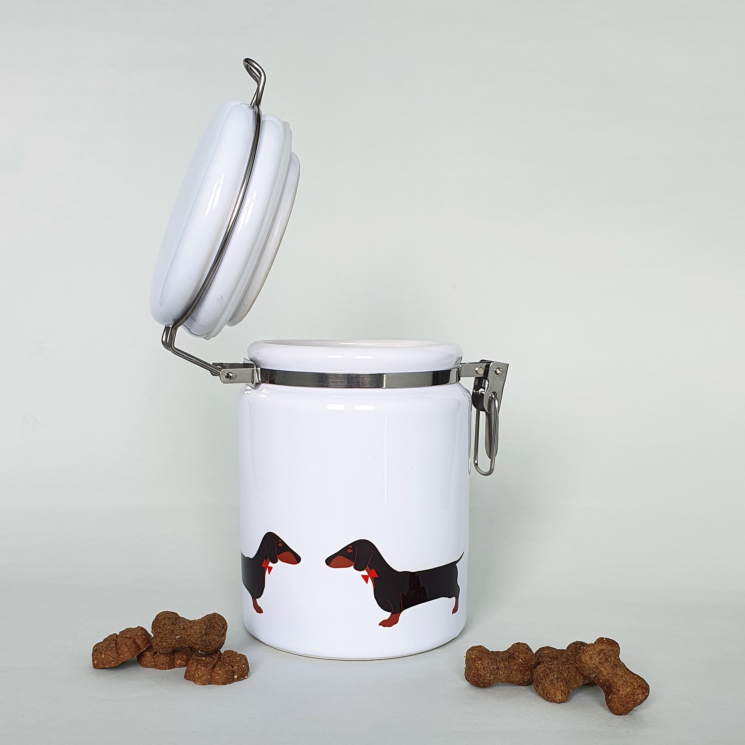 Black & Tan Dachshund storage jar with dog treats