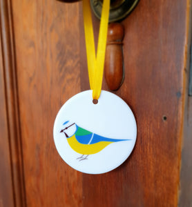 Blue Tit ceramic hanging decoration on door handle