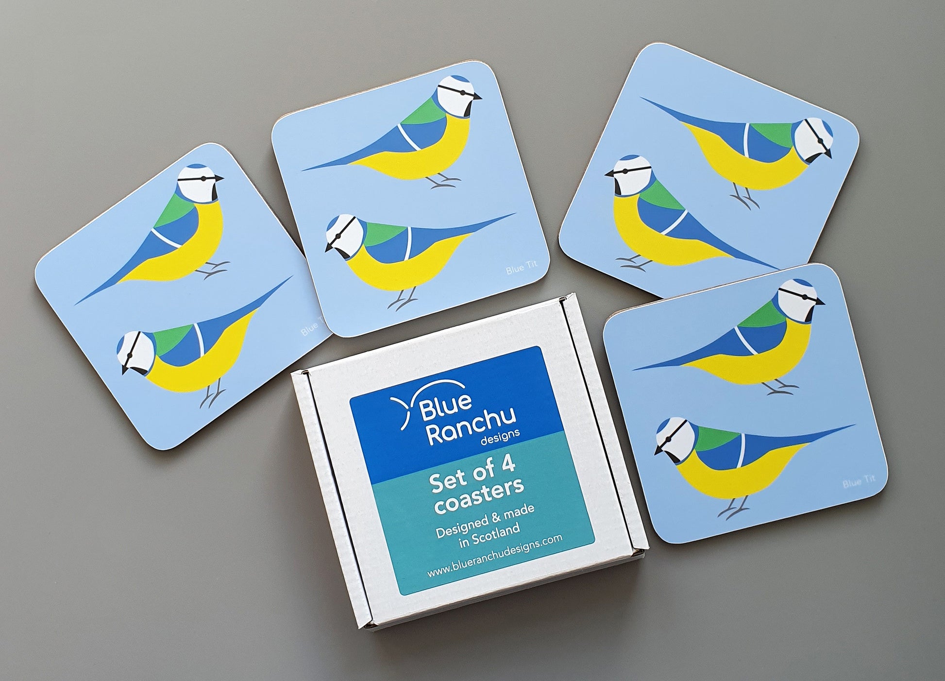 Set of 4 Blue Tit coasters in cardboard gift box