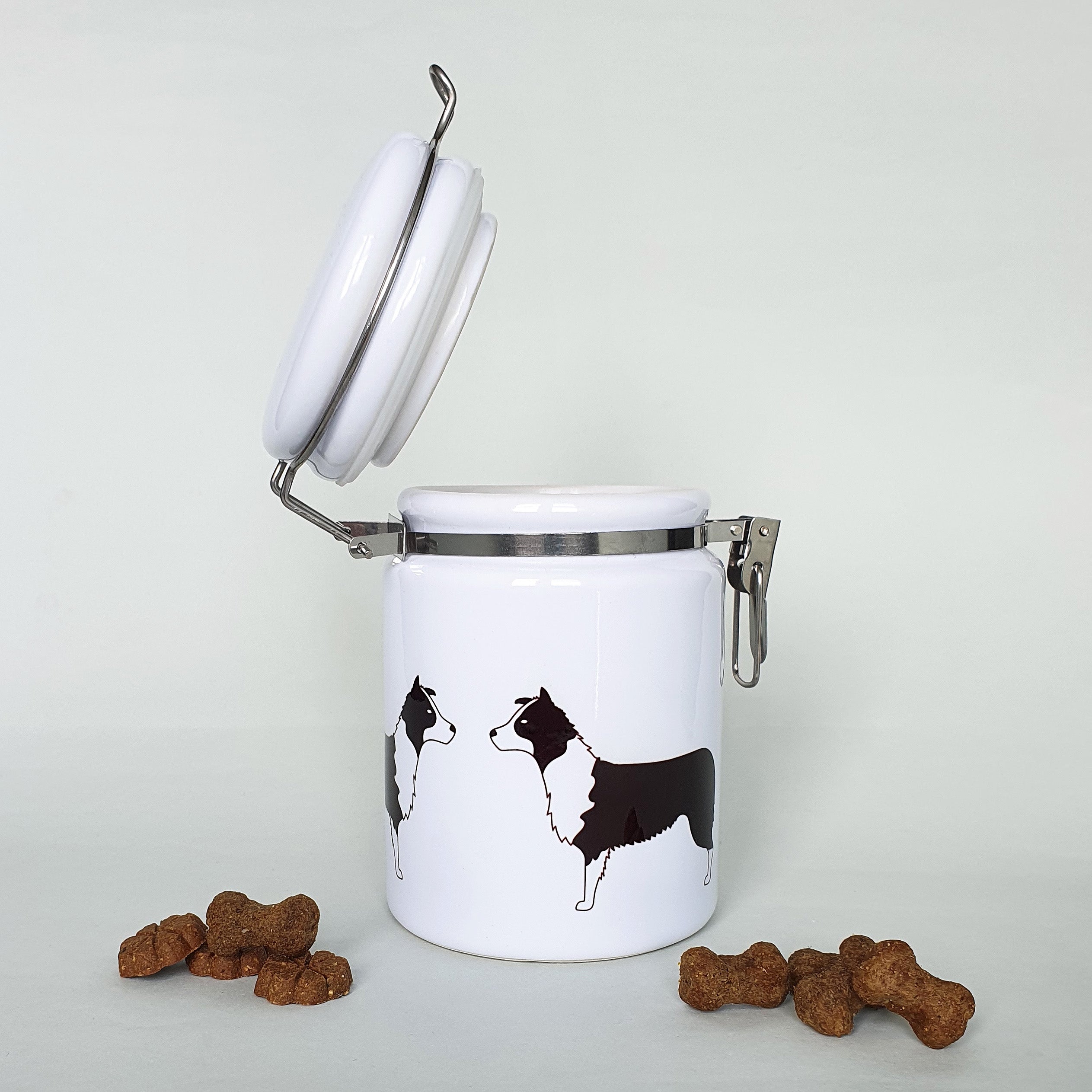 Border collie ceramic storage jar with dog treats