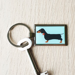 Dachshund metal keyring, black and tan sausage dog