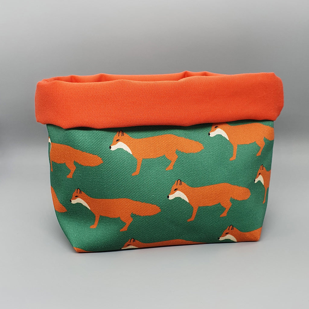 Red Fox fabric storage basket with orange lining