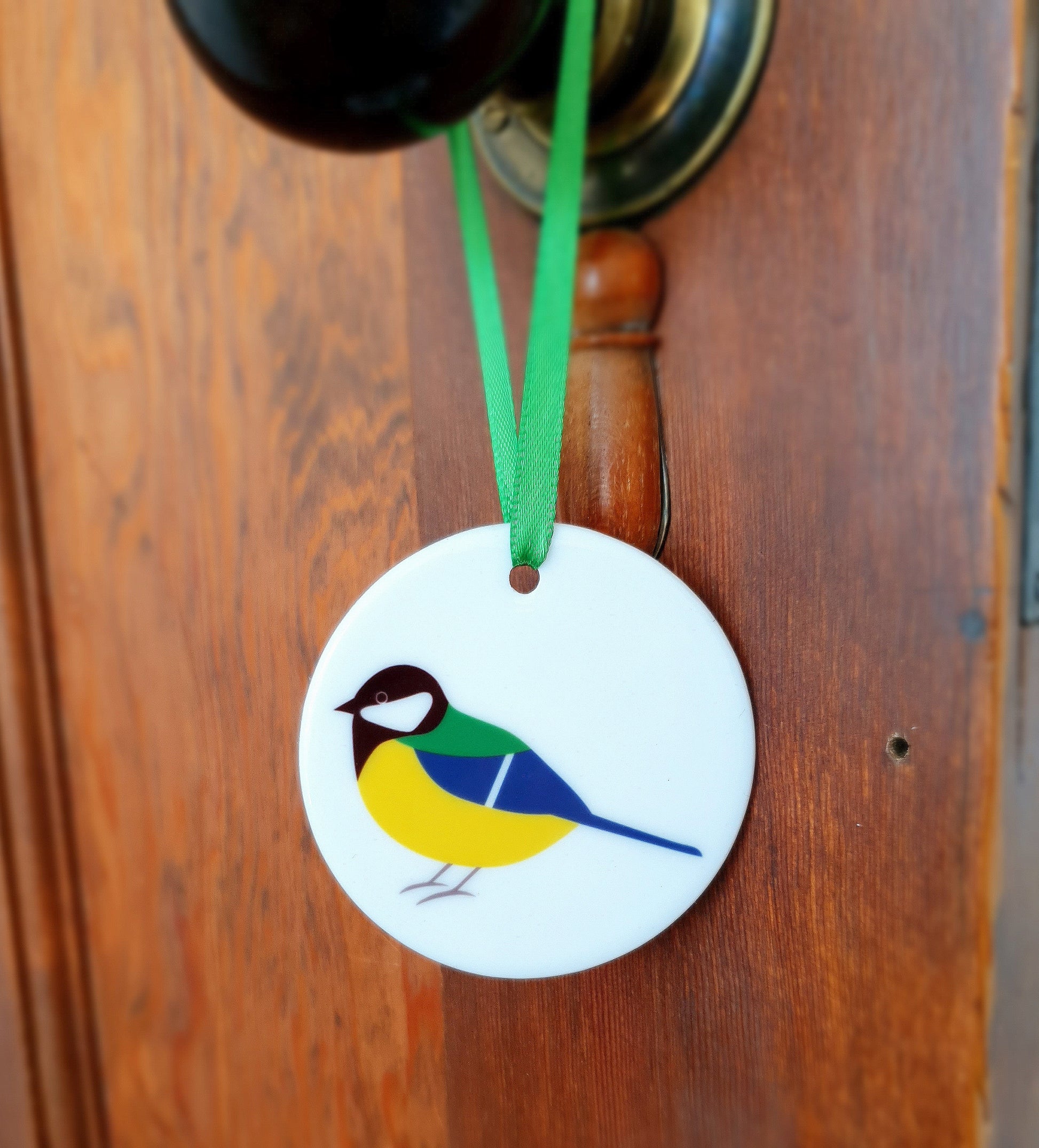 Great Tit ceramic hanging decoration on door handle