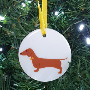Red Dachshund ceramic hanging decoration in Christmas tree