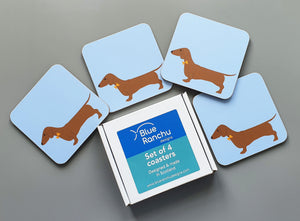 Red Dachshund coaster set in cardboard gift box