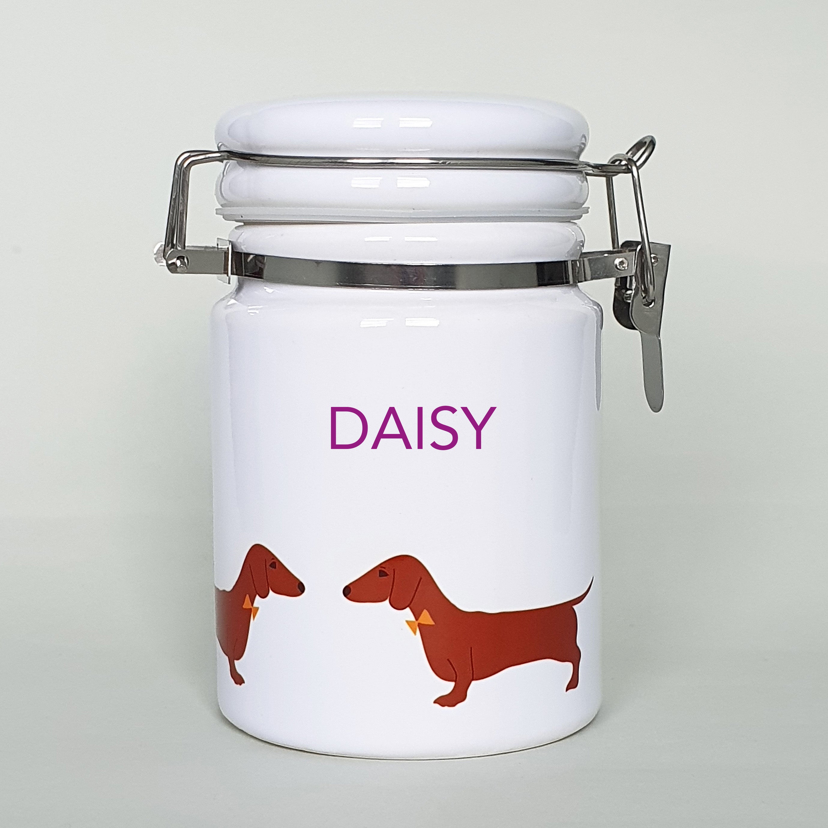 Red Dachshund ceramic storage jar with customisation