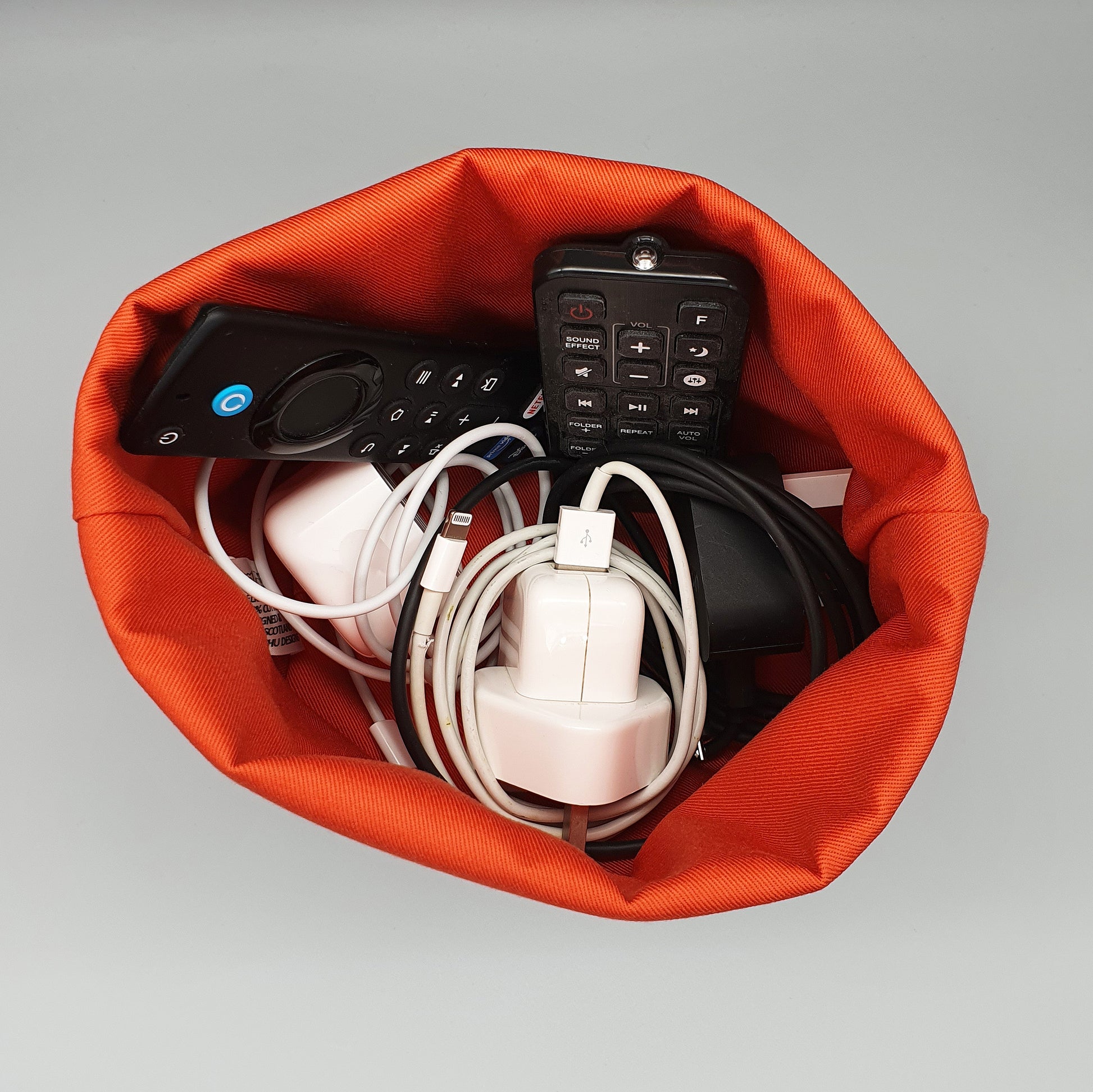Red Squirrel  Fabric Storage Basket storing chargers and cables