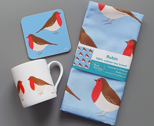 Robin gift set - mug, coaster, tea towel