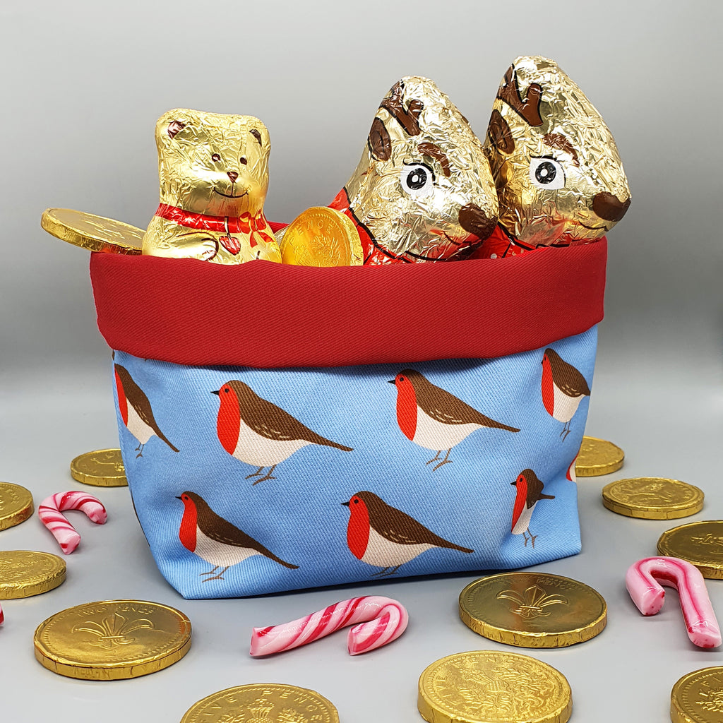 Robin fabric storage basket with Christmas treats