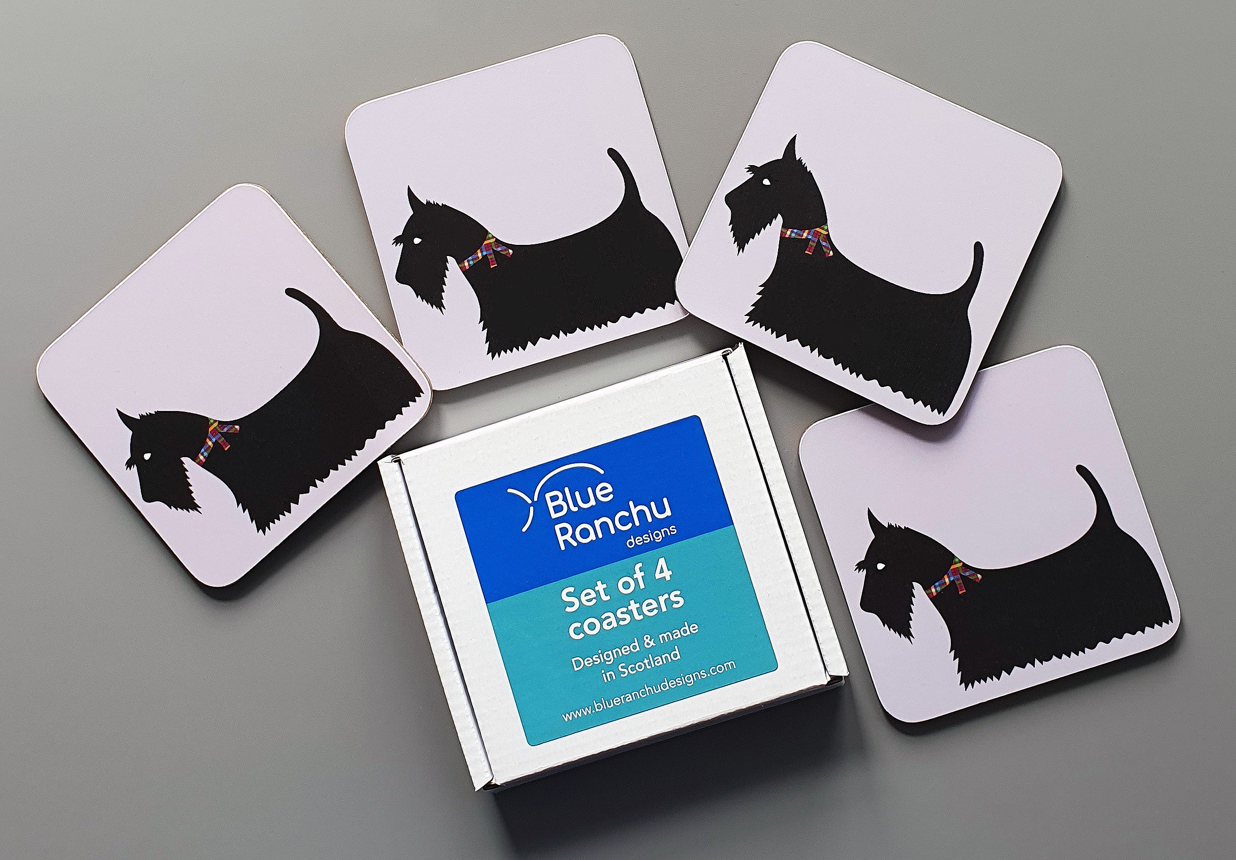 Set of 4 Scottish Terrier Coasters with gift box