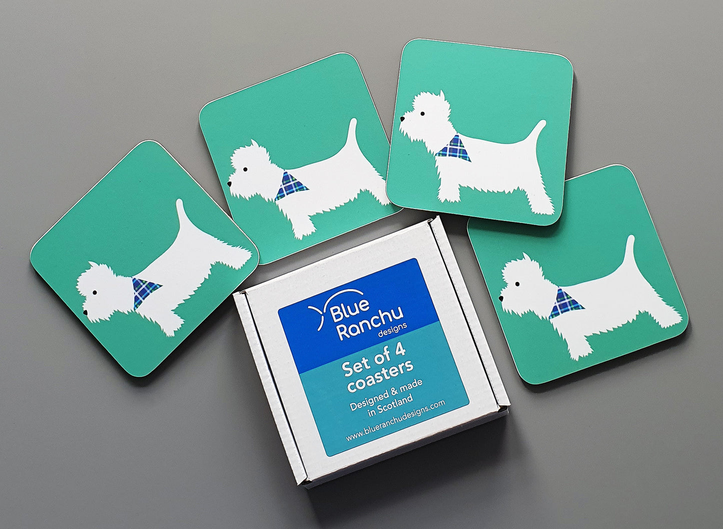 Westie coasters in cardboard gift box