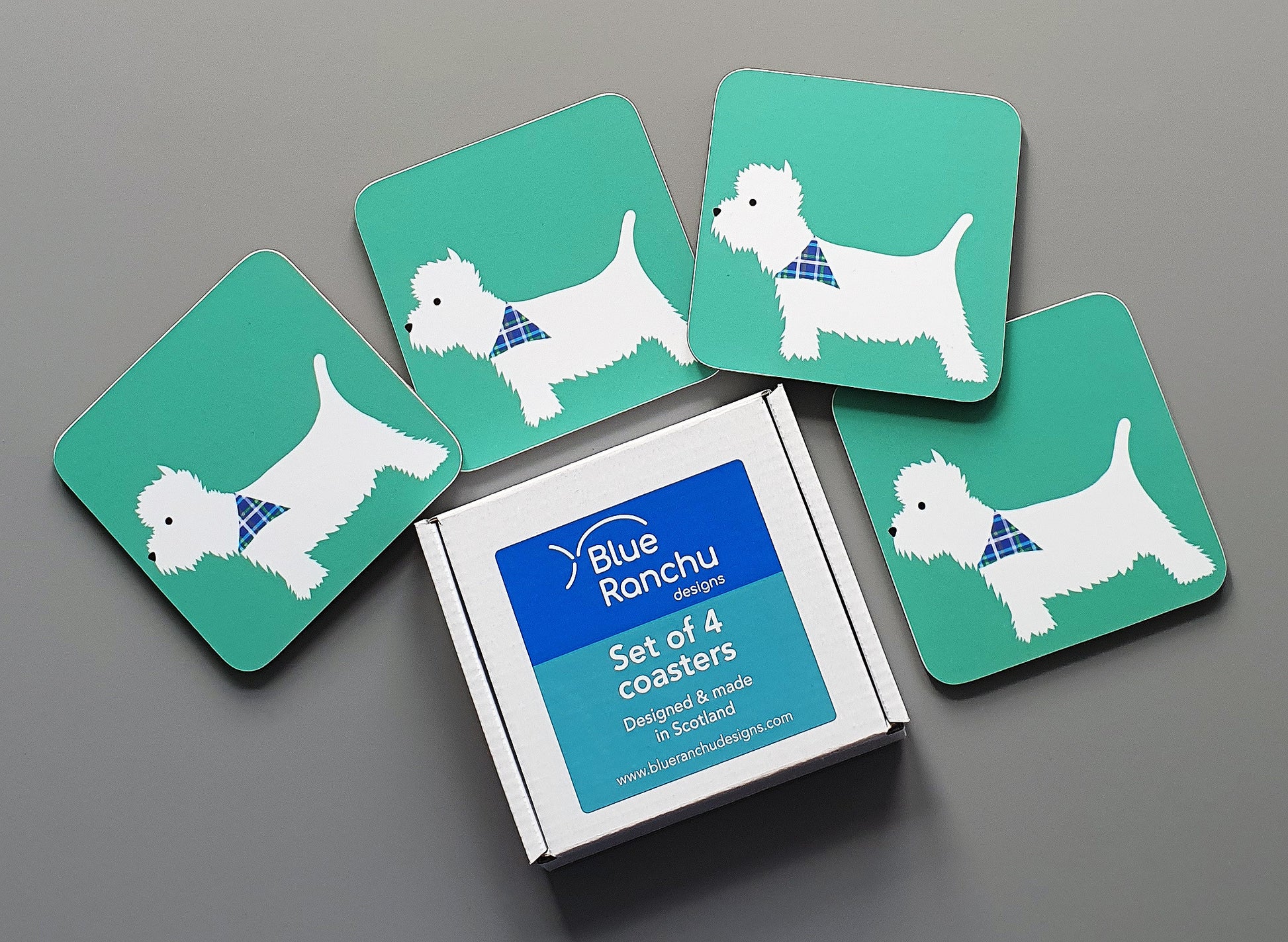 Westie coasters in cardboard gift box
