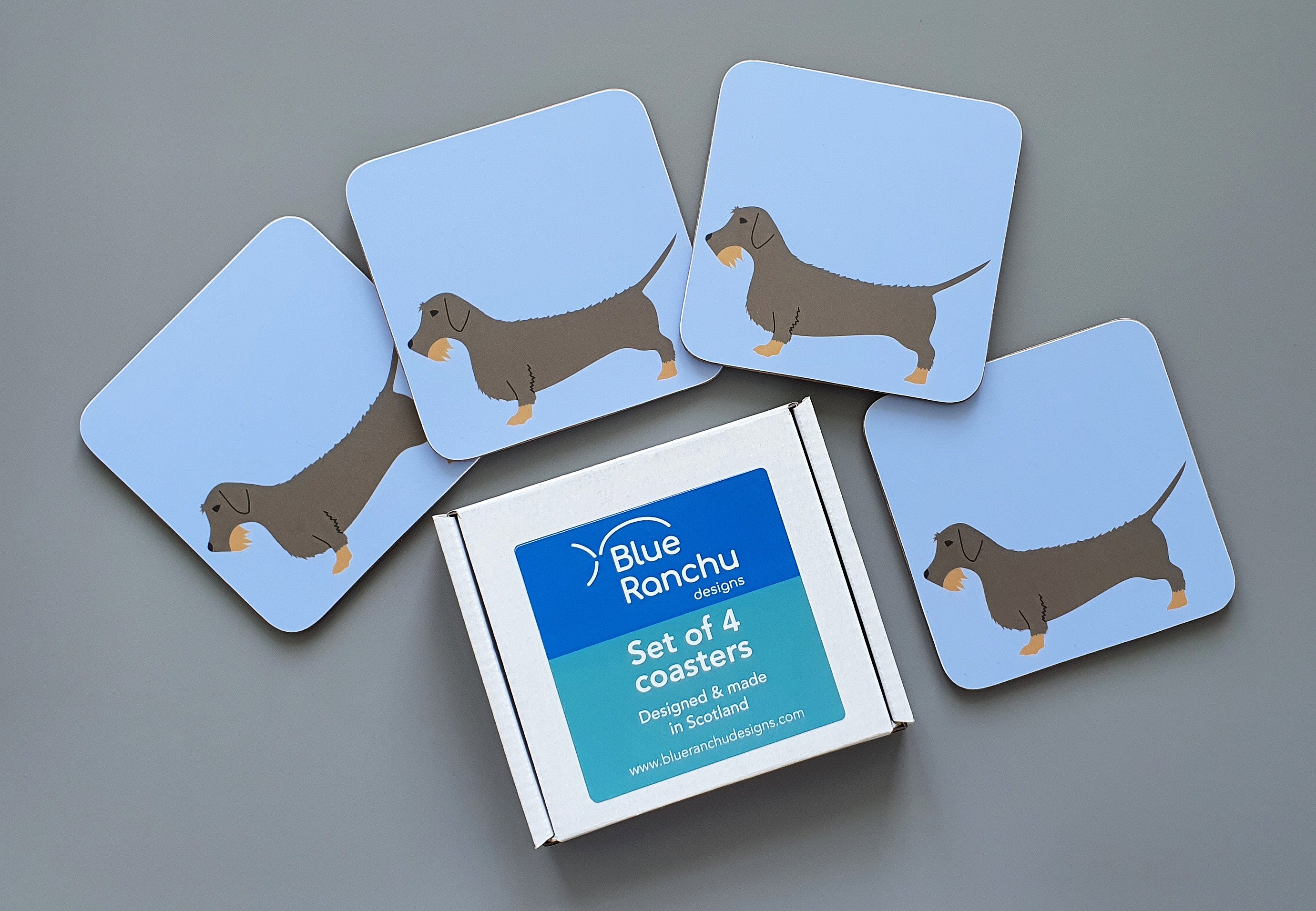 Set of 4 Wire Haired Dachshund coasters with gift box