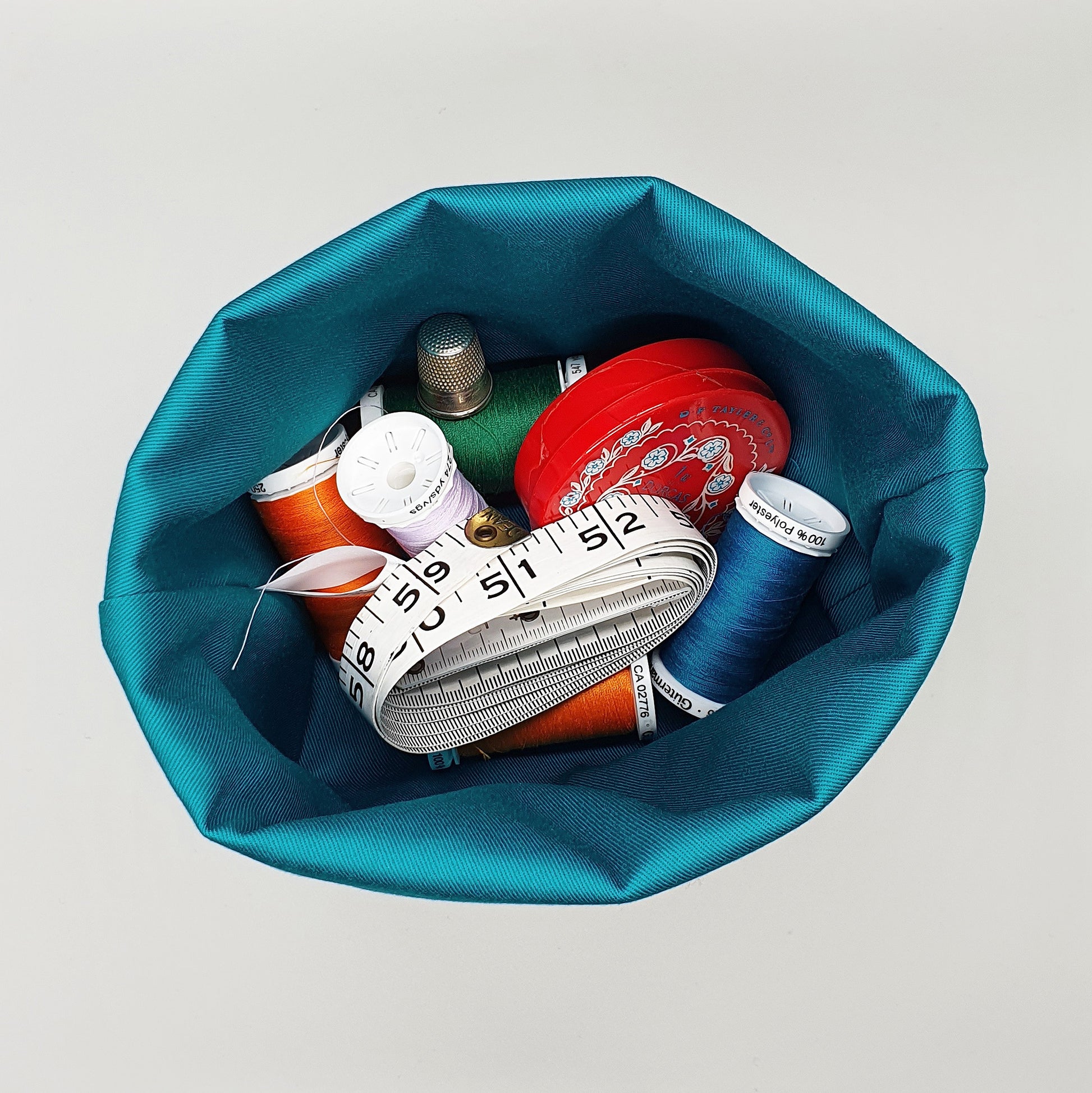 Wire Haired Dachshund fabric storage basket with sewing supplies